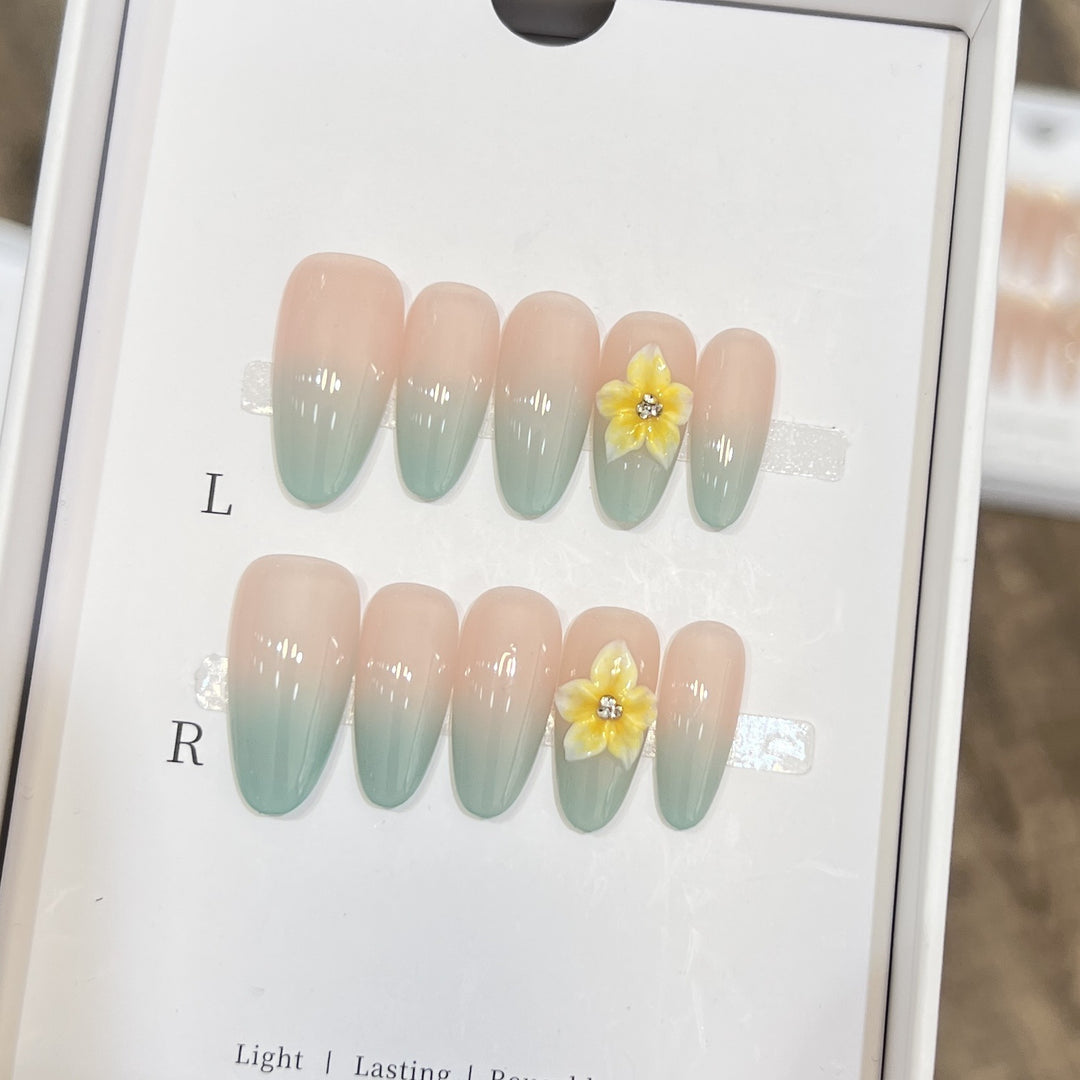 Elegant Ombre Press-On Nail Set with Floral Accents Kalsten