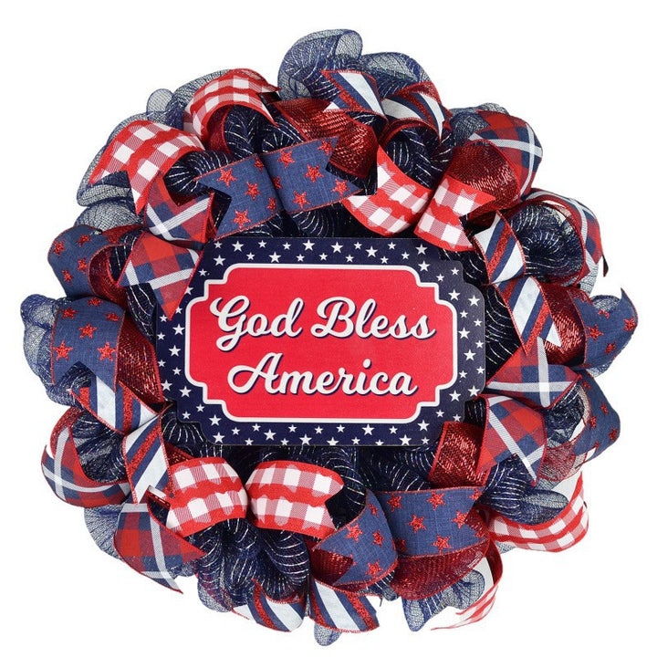 Unisex nan handcrafted Americana medallion wreath with layered deco mesh ribbons star motif bows and rustic sign Kalsten