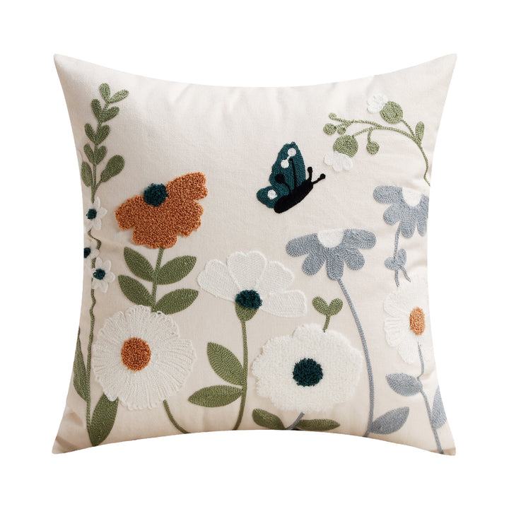 Decorative Square Embroidered Floral Tufted Linen Pillow Cover