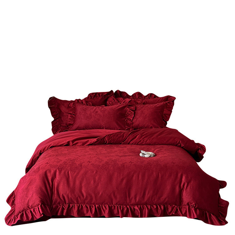 Bedding set with ruffled hem, woven floral jacquard and luxurious cotton satin quality
