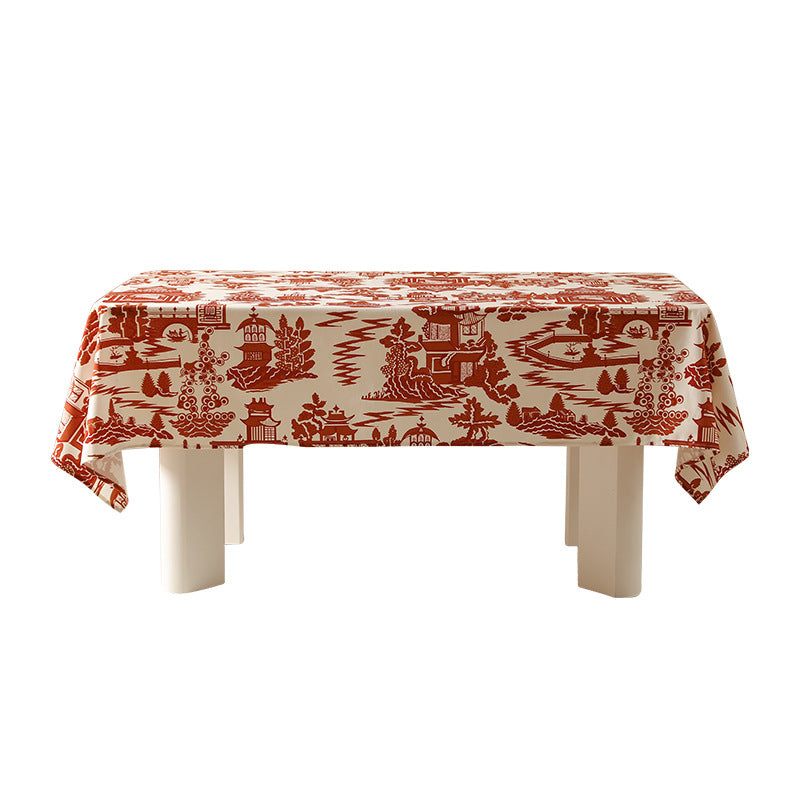 Rectangular printed tablecloth made of easy-care cotton-polyester blend with chinoiserie landscape print