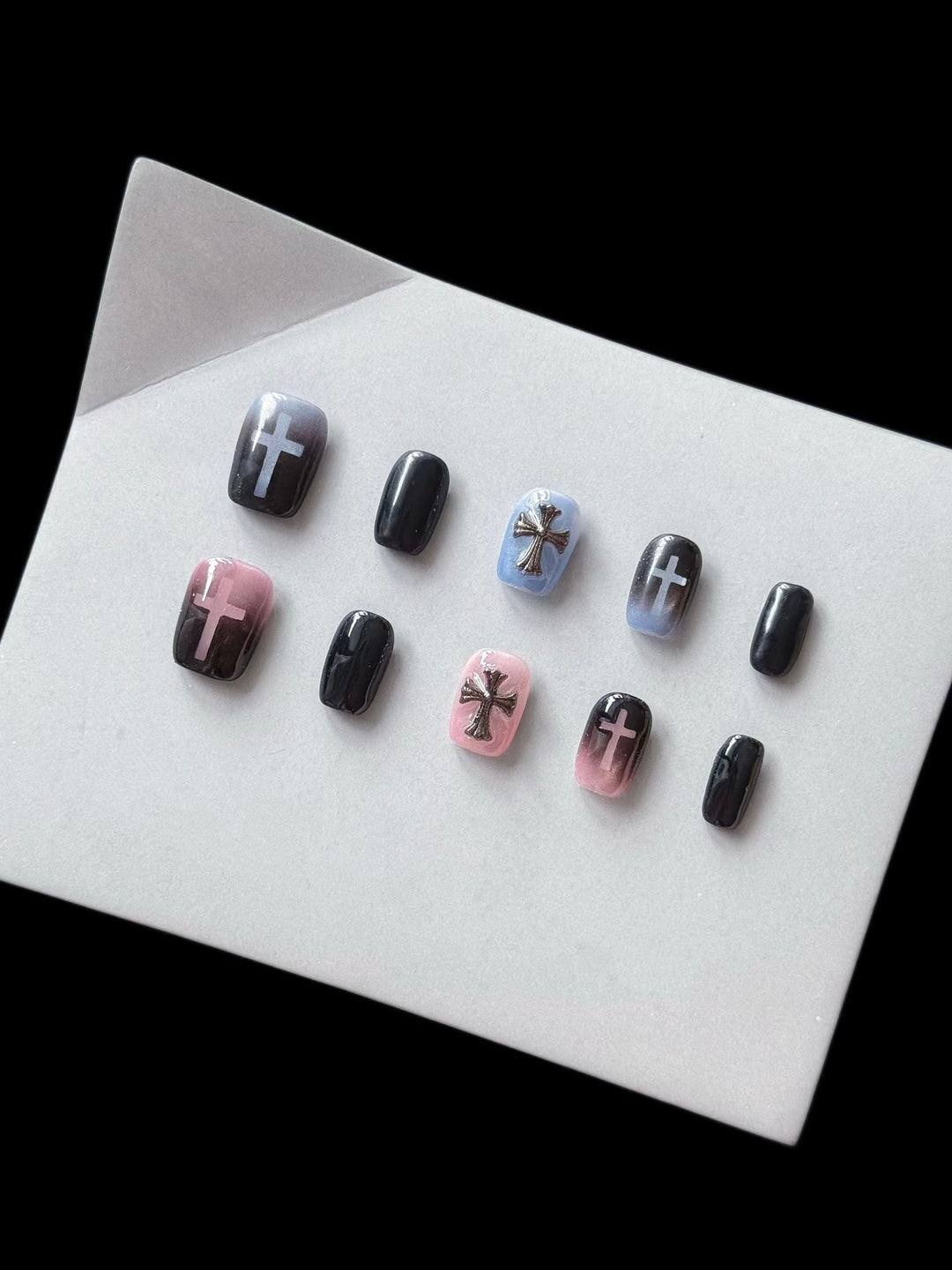 Artistic Press-On Nail Set with Cross and Ombre Design