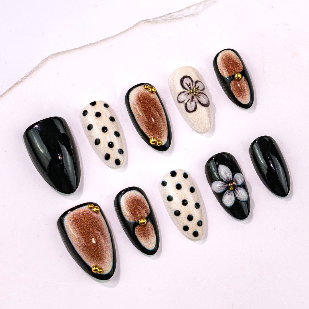 Artistic Press-On Nail Art Set with Floral and Polka Dot Designs Kalsten