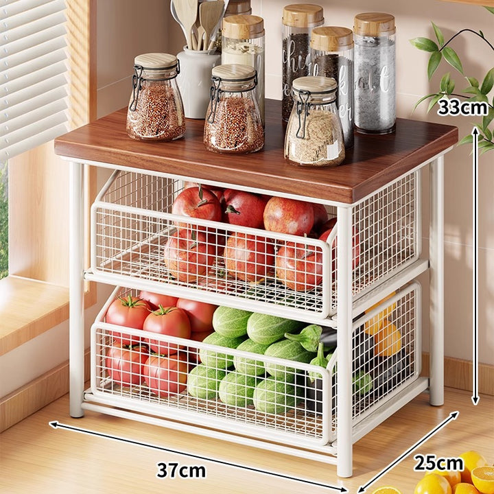 Countertop Bamboo-Top Metal Mesh Sliding Storage Shelf with Pull-Out Basket