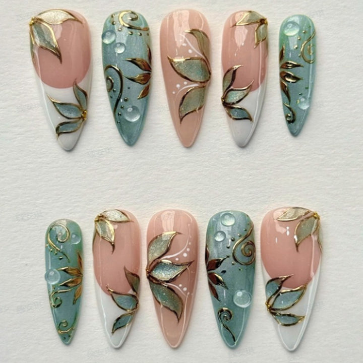Artificial Nail Set with Floral Designs and 3D Accents Kalsten