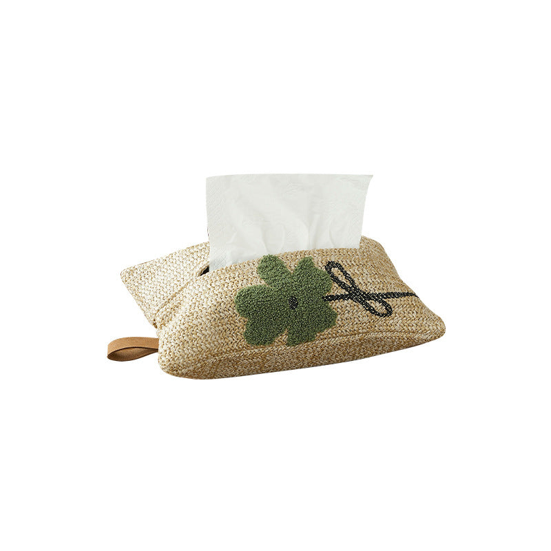 Woven tissue box cover in straw look with embroidered flower motif Kalsten