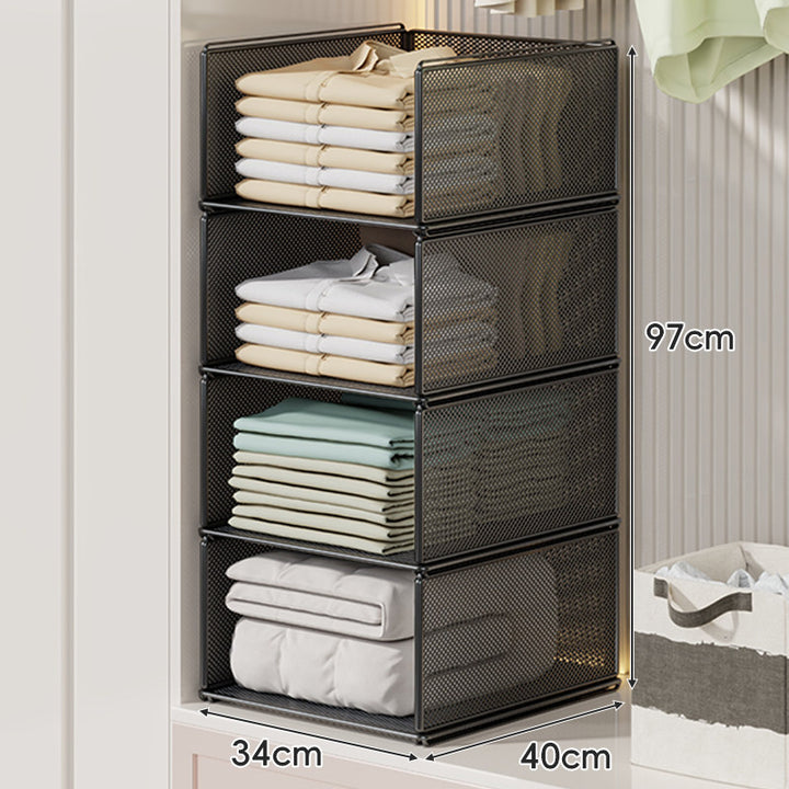 Vertical Stackable Mesh Closet Storage Tower with Four Pull-Out Ventilated Drawers