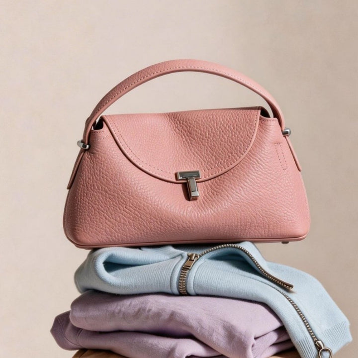 Curved Envelope Top-Handle Pebbled Satchel with Removable Crossbody Strap