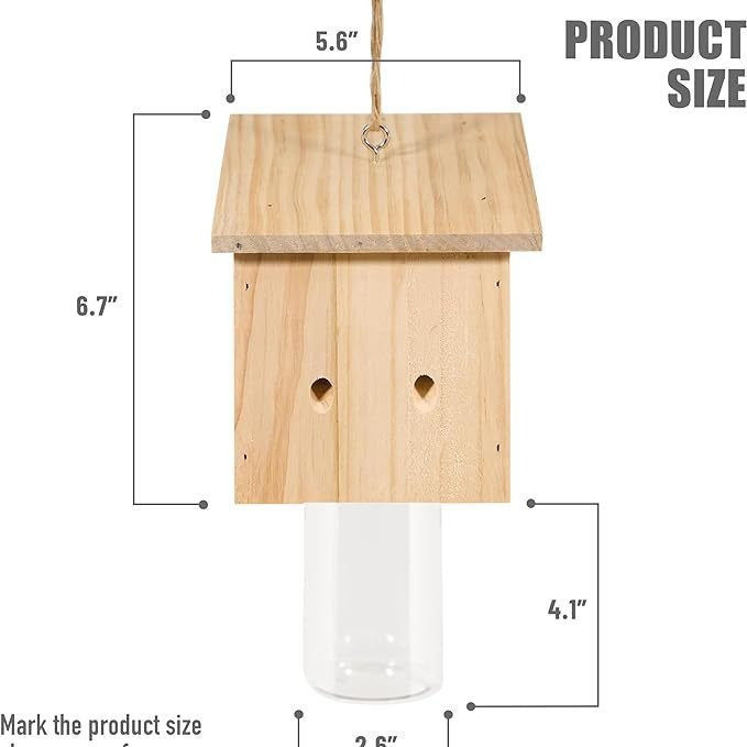 Hanging wooden bird feeder with glass jar seed reservoir and natural jute hanger Kalsten