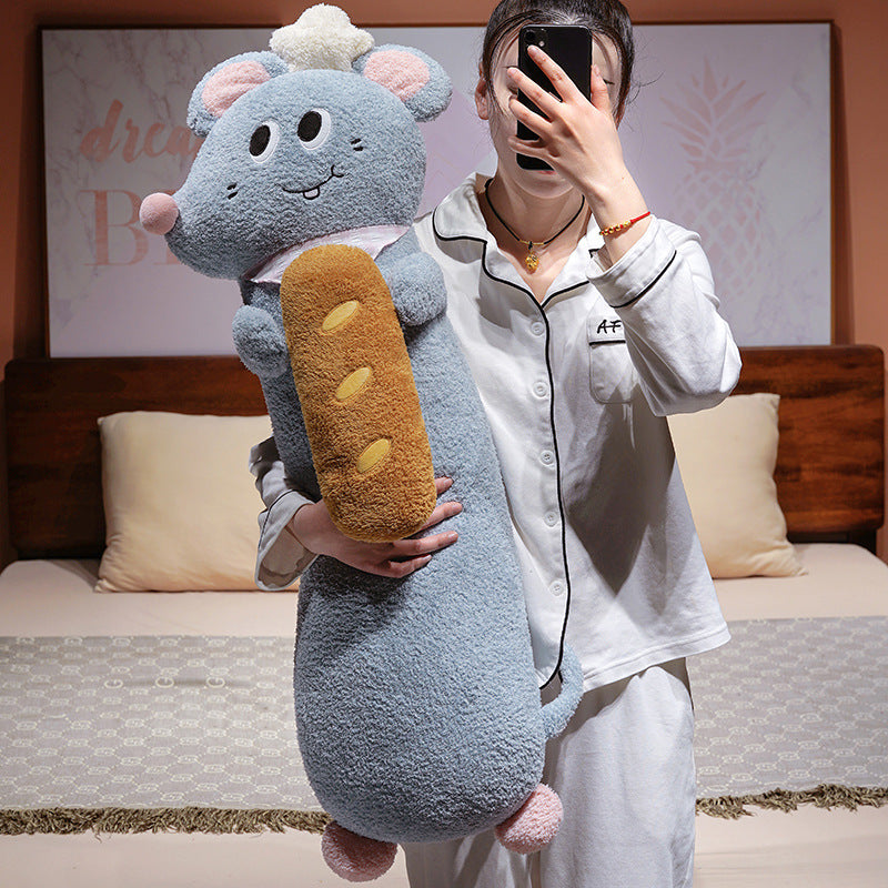 Extra-long plush body pillow mouse with bread appliqué and soft fleece cover