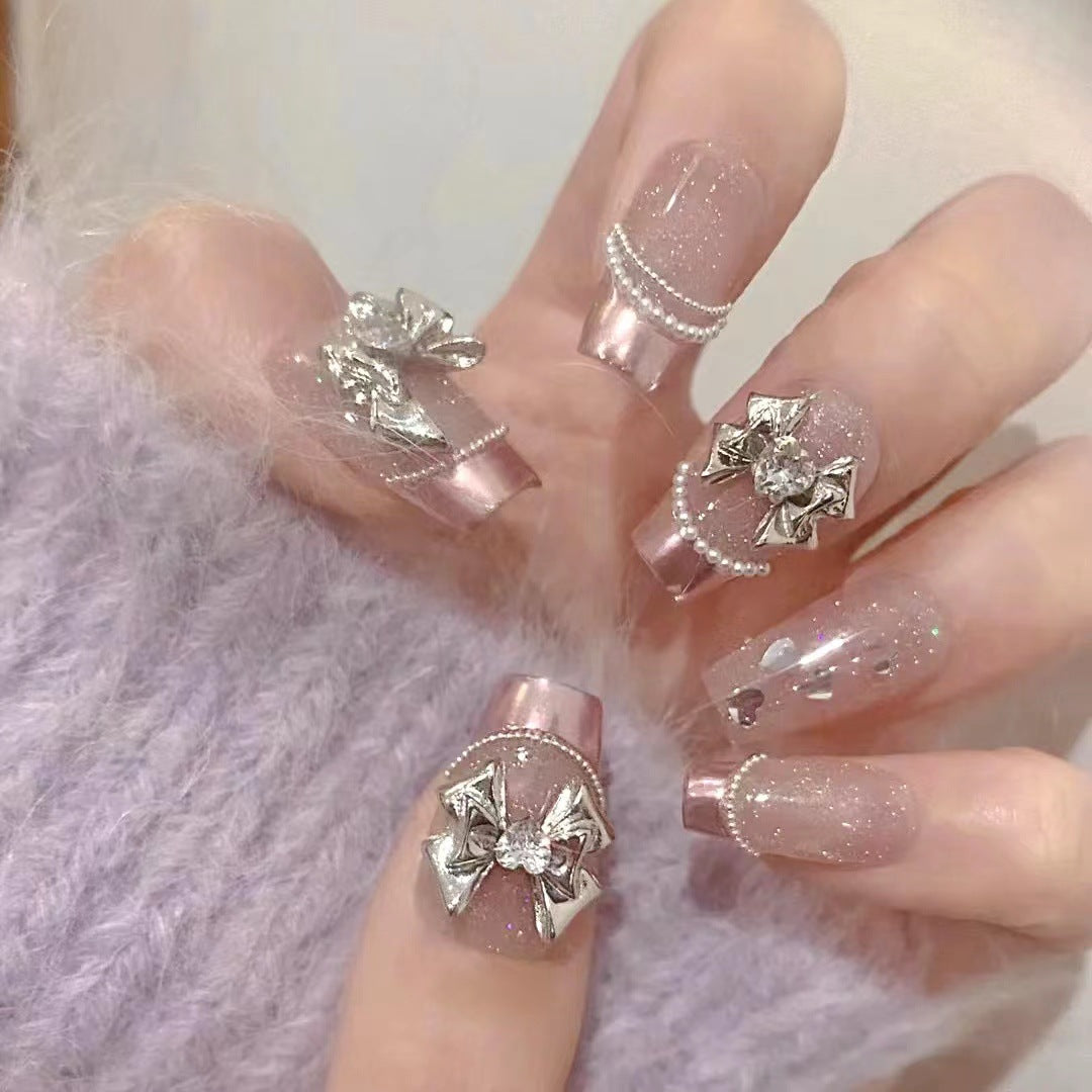 Elegant Bow-Embellished Press-On Nail Design