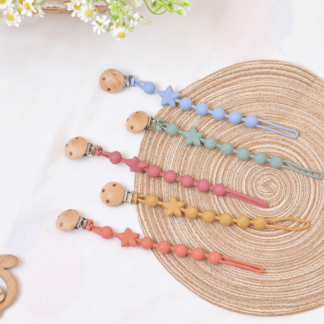 Silicone Star-Bead Pacifier and Teether Clip with Wooden Safety Clamp
