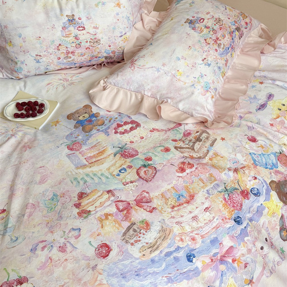 Playful cotton satin bedding set with ruffles and watercolor animal motif