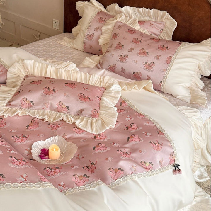 Romantic bed linen set with ruffles, lace border, and vintage print