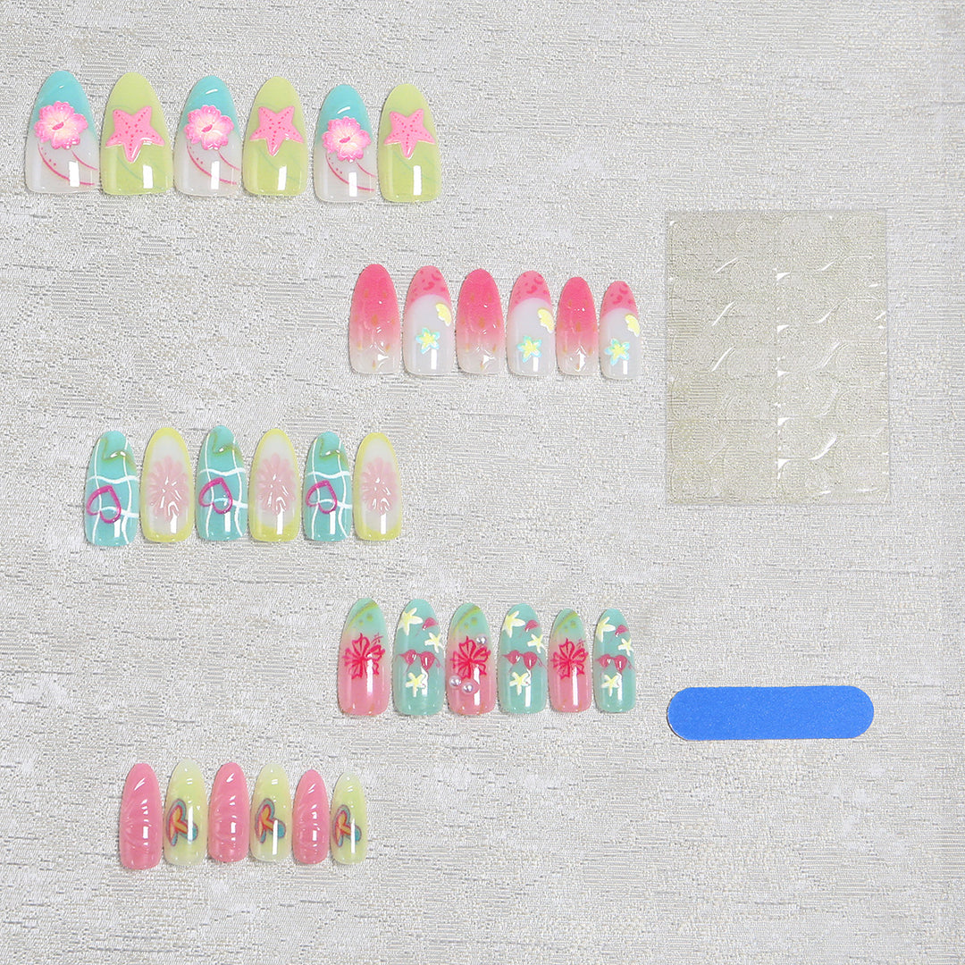 Acrylic Nail Set with Colorful Flower and Beach Design Kalsten