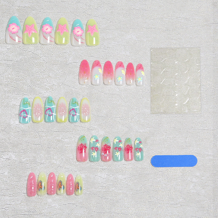 Acrylic Nail Set with Colorful Flower and Beach Design Kalsten