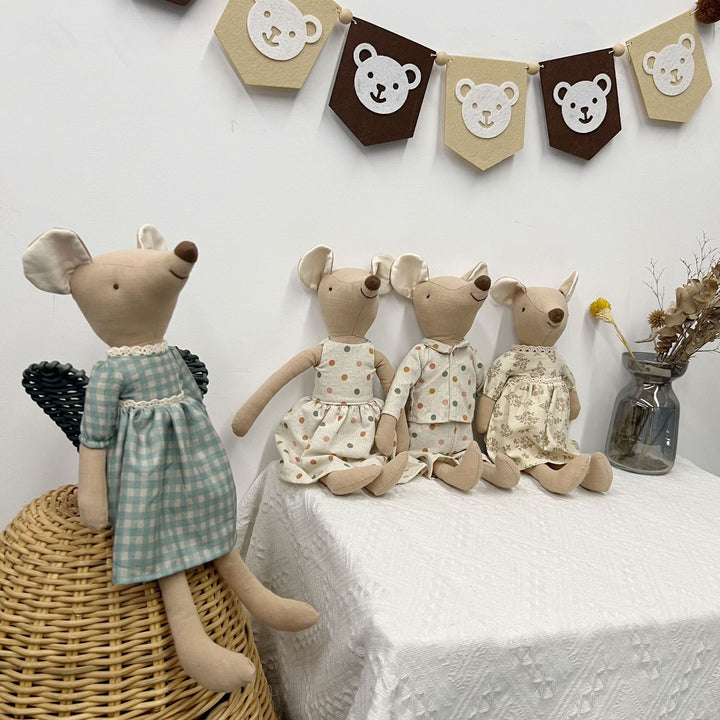 Handcrafted Linen-Blend Mouse Plush Doll with Checkered Overalls