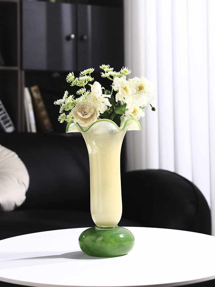 Handblown Fluted Pedestal Art Glass Trumpet Vase Kalsten