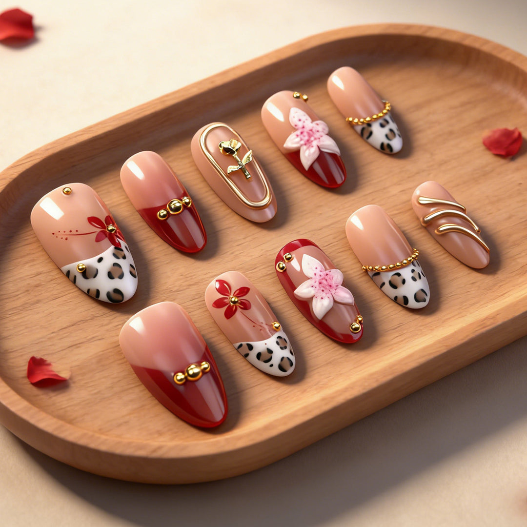 Artistic Decorative Press-On Nail Art Set with Floral and Leopard Patterns Kalsten