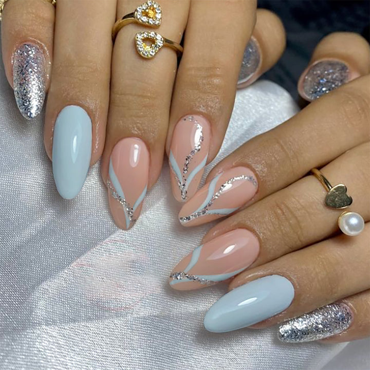 Artistic Long Press-On Nail Design with Glitter Accents Kalsten