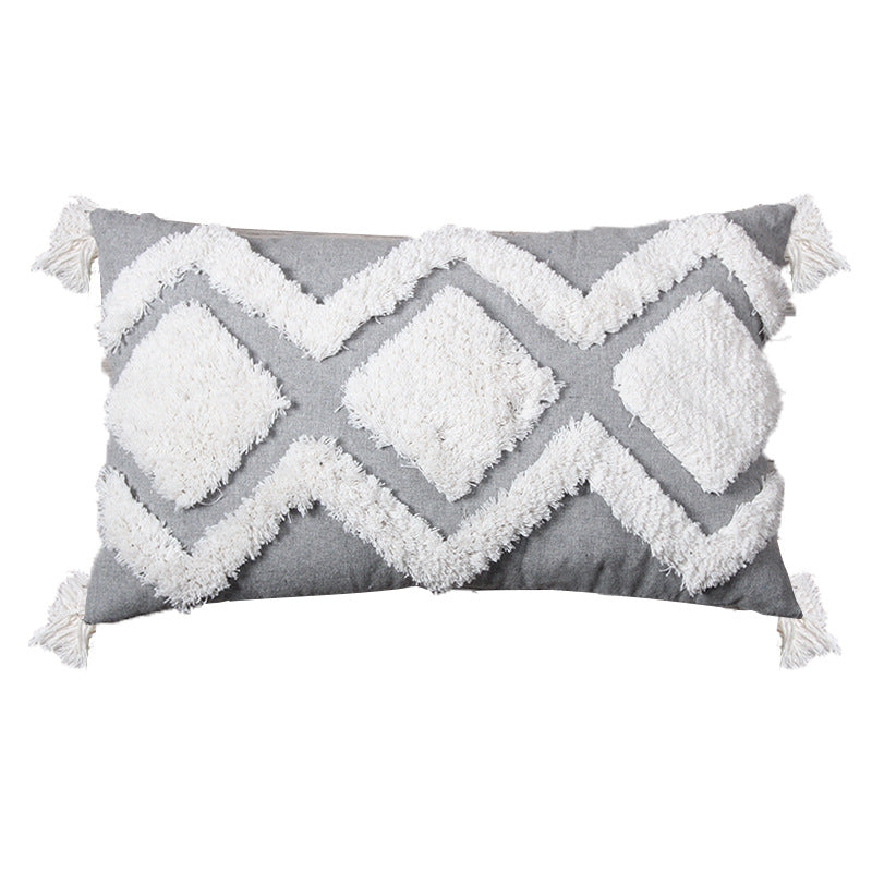 Decorative Boho Textured Lumbar Throw Pillow with Zigzag Tufted Crochet and Knotted Fringe