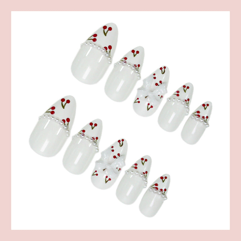 Artificial nail set with floral cherry motifs and elegant ribbons Kalsten
