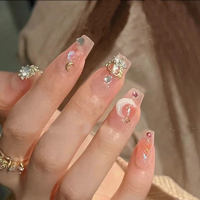 Artistic Press-On Nail Tips with Gemstone and Moon Accents Kalsten