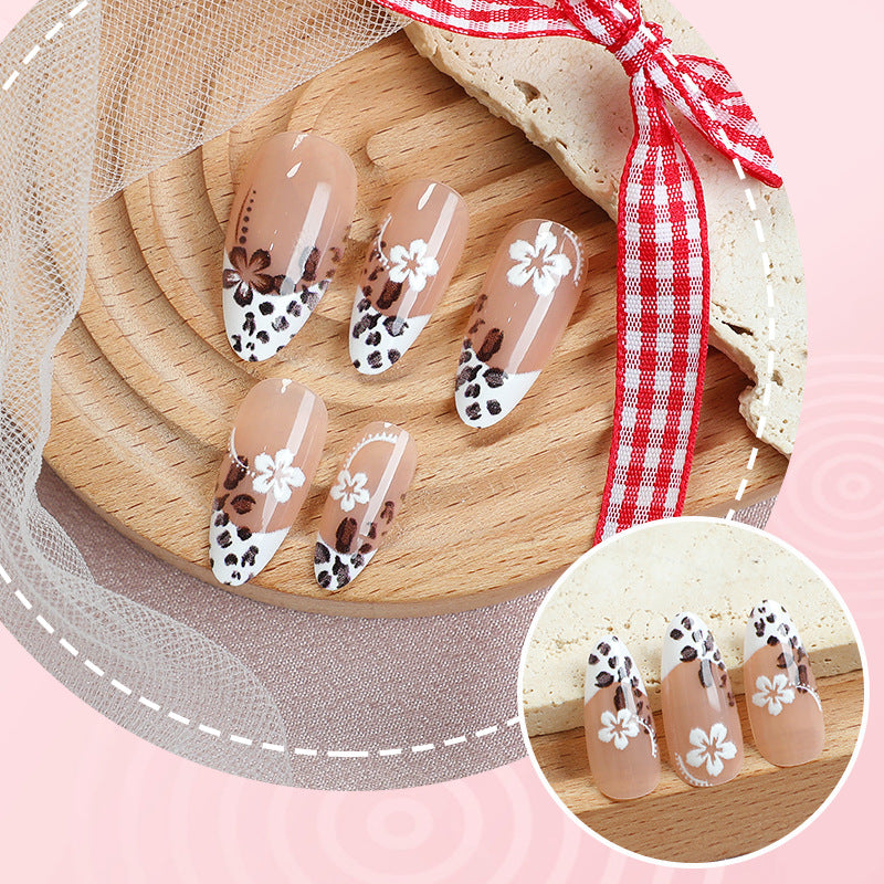 Artistic Press-On Nail Set with Floral and Leopard Design Kalsten