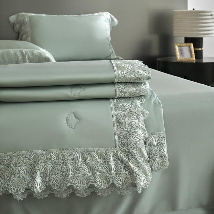 Luxurious satin bed linen set with French lace trim
