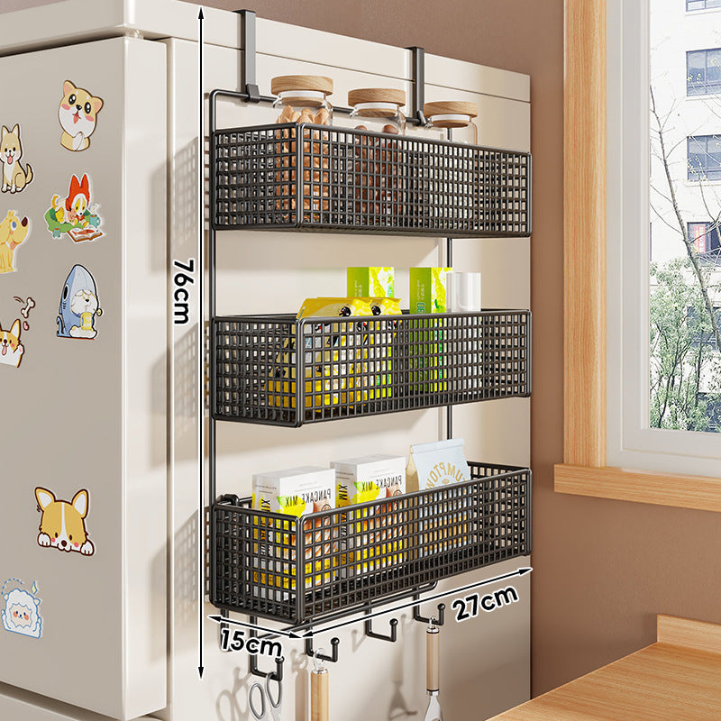 Over-Refrigerator Vertical Hanging Mesh Storage Rack with Deep Baskets and Hook Rail