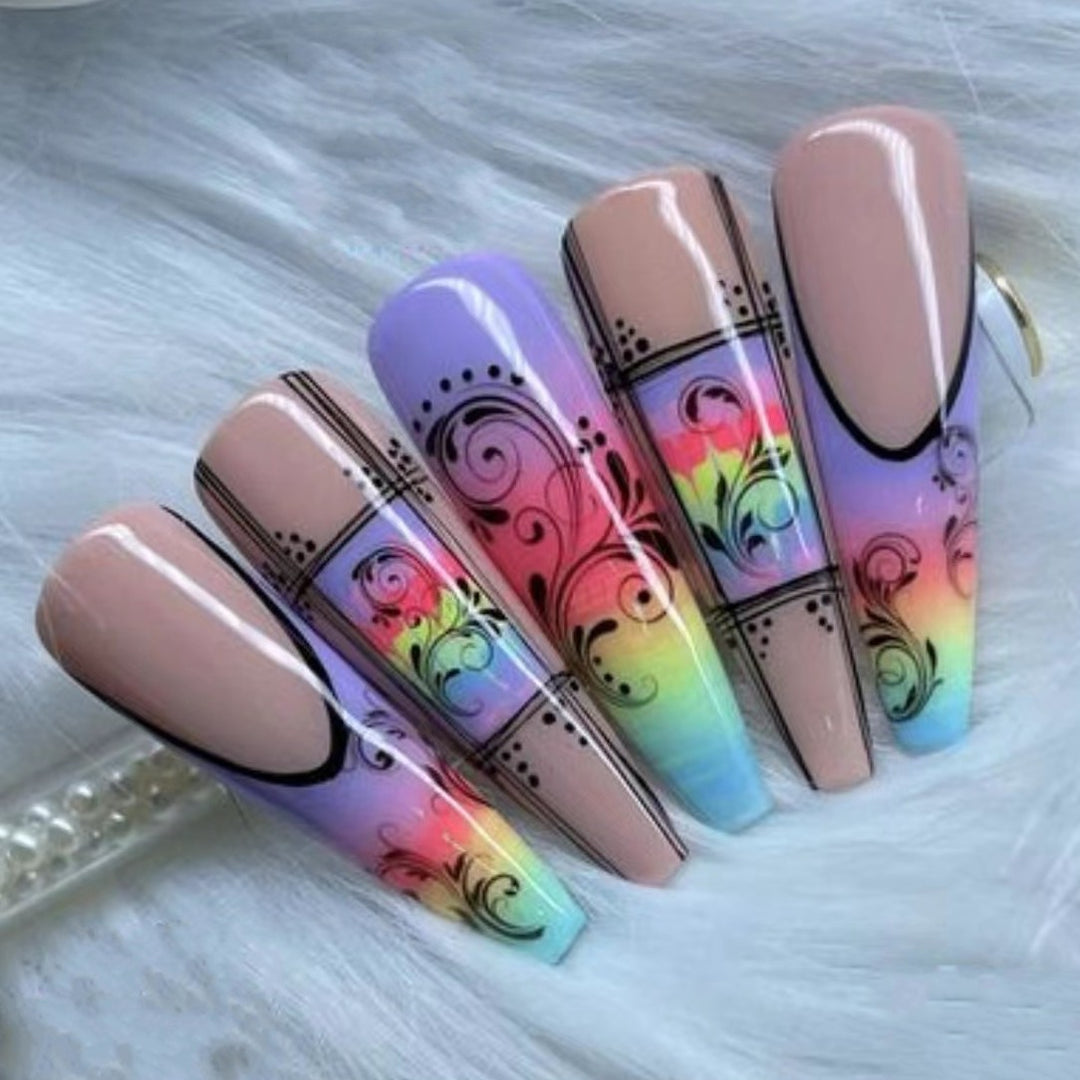 Fake nails with creative gradient colors and floral patterns Kalsten