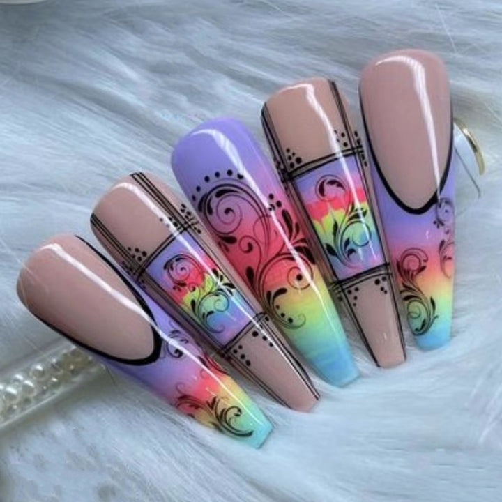 Fake nails with creative gradient colors and floral patterns Kalsten