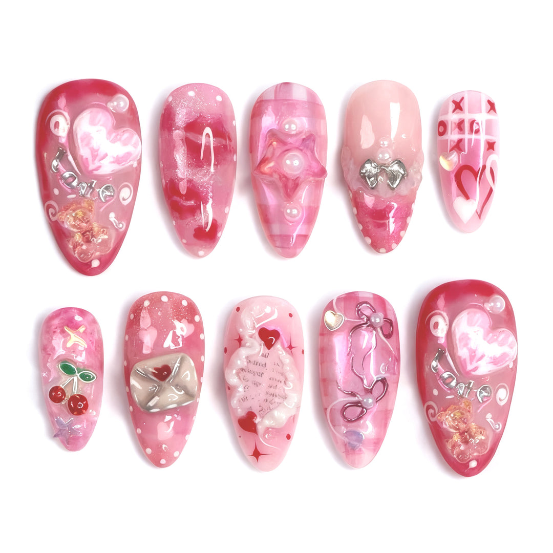Artistic Heart-Themed Press-On Nail Art Set Kalsten
