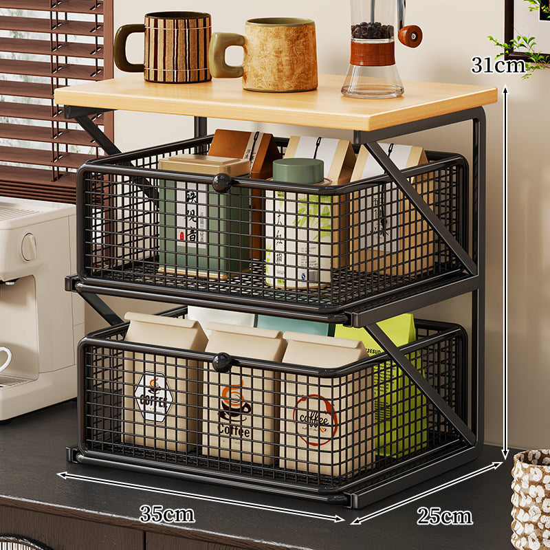 Countertop Coffee Station Organizer with Wooden Top and Metal Wire Basket
