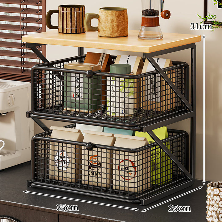 Countertop Coffee Station Organizer with Wooden Top and Metal Wire Basket