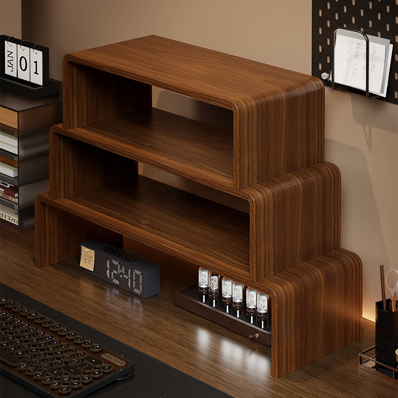 Low-Profile Curved Desktop Monitor Platform with Integrated Under-Shelf Organizer and Ambient Backlight