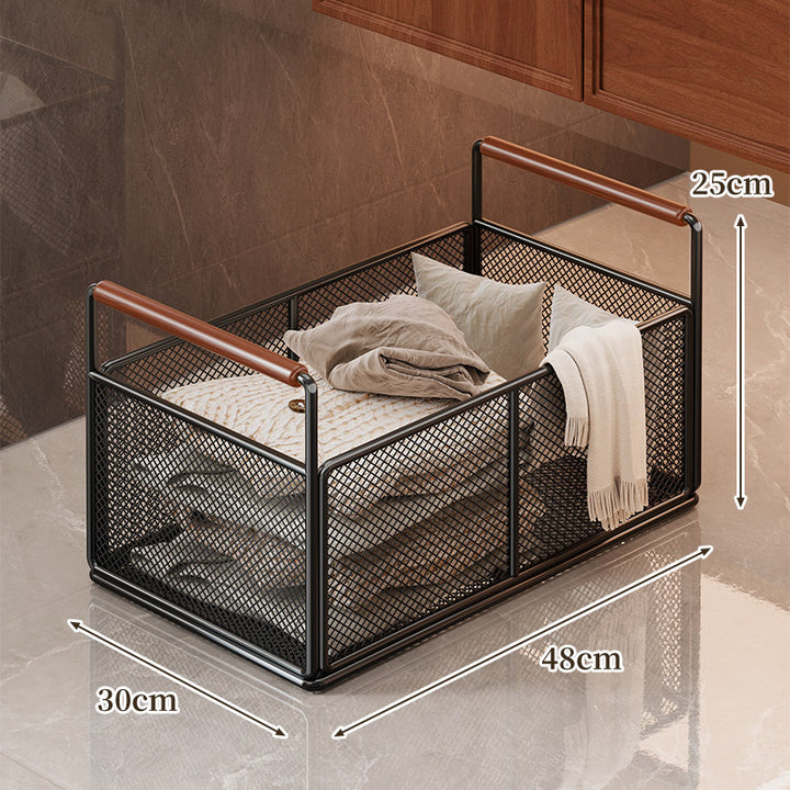 Rectangular Ventilated Metal Mesh Storage Basket with Wooden Grip Handles