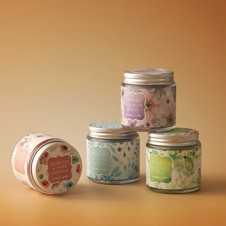 Scented Cherry Blossom & Bay Glass Jar Candle with Metal Screw Lid and Floral Label