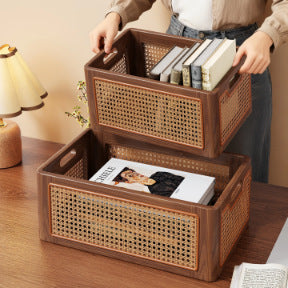 Rattan-Accent Solid Wood Desktop Storage Tray with Handles