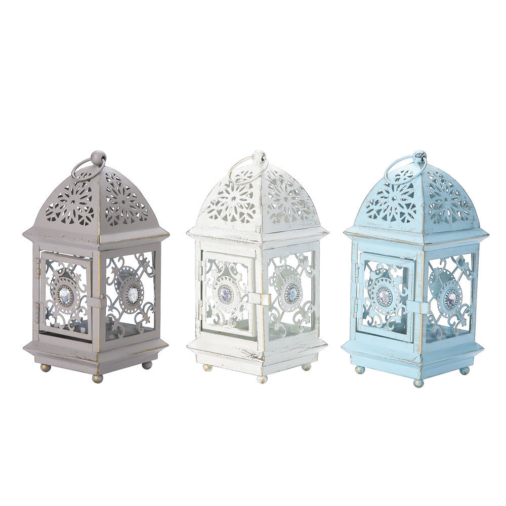 Antique-Style Decorative Metal Glass Candle Lantern with Filigree Cutouts and Hanging Ring Kalsten