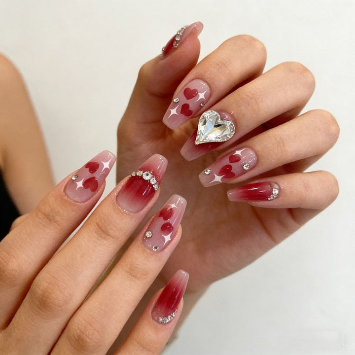 Artistic Press-On Nail Set with Heart and Gem Accents