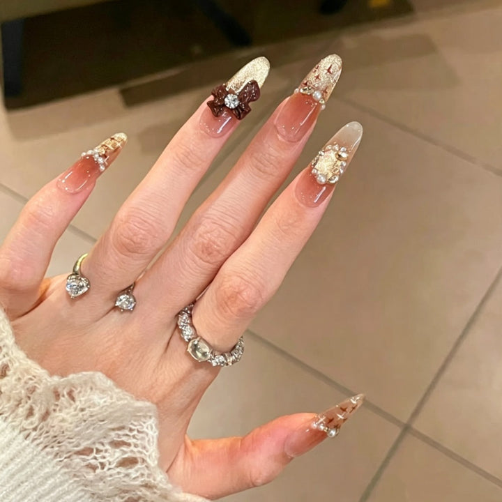 Decorative Bow and Gemstone Press-On Nails Kalsten