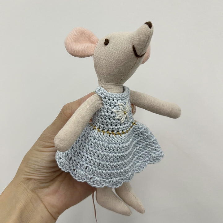 Handmade Linen Mouse Doll with Crocheted Dress and Embroidered Details