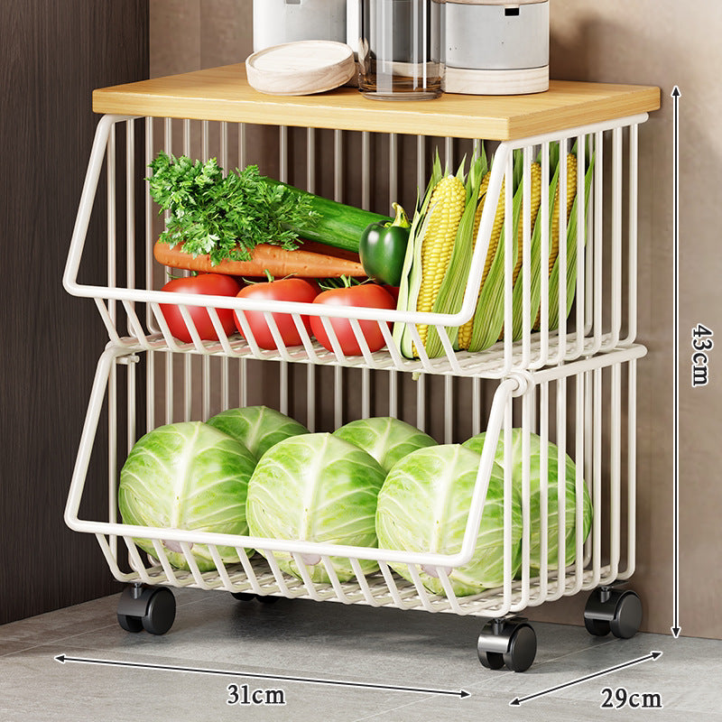 Slim Vertical Rolling Wire Produce and Pantry Organizer Cart with Wood Top