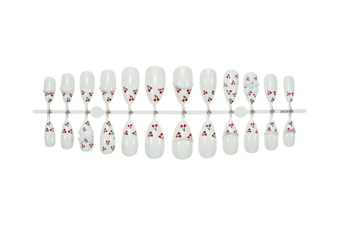 Artificial nail set with floral cherry motifs and elegant ribbons Kalsten