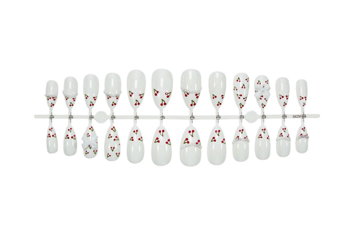 Artificial nail set with floral cherry motifs and elegant ribbons Kalsten
