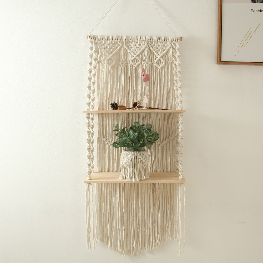 Macrame Wall Shelf with Natural Wooden Shelves Kalsten