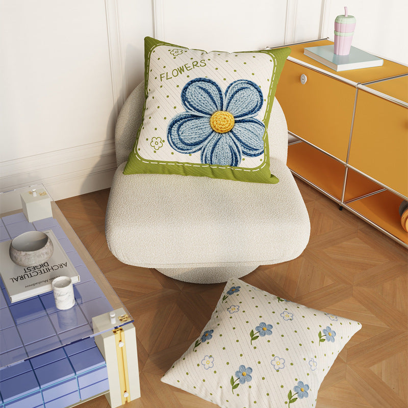 Decorative Embroidered Floral Cotton-Linen Throw Pillow Cover with Diagonal Rib Texture