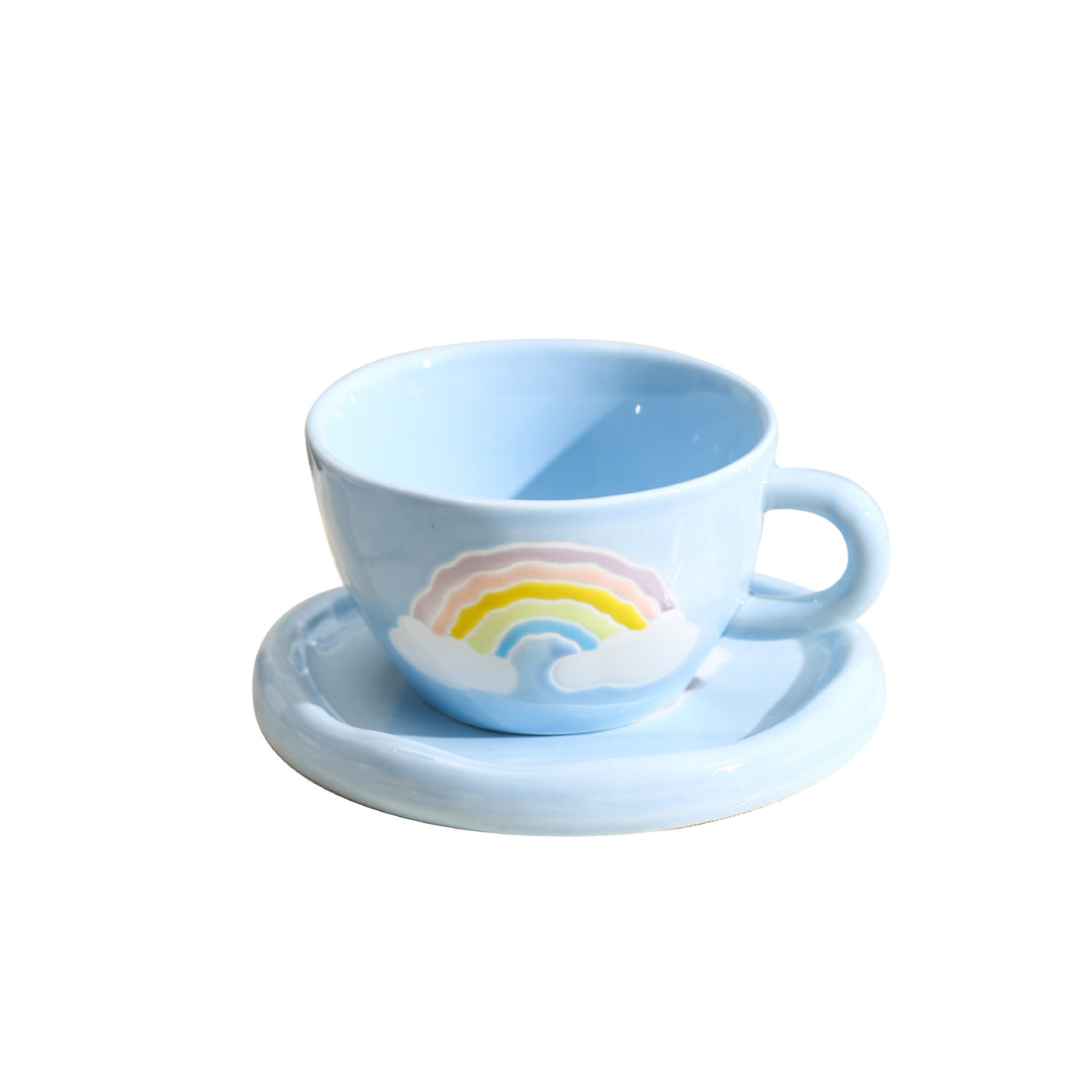 Pastel Design Ceramic Mug Set with Saucer and Raised Rainbow Relief