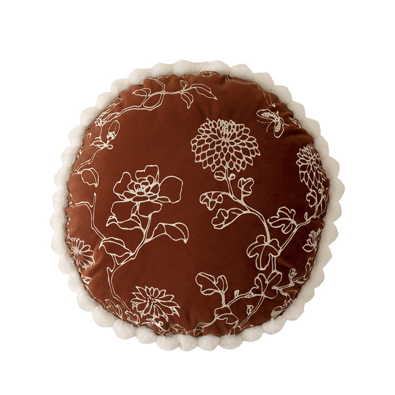 Round Velvet Decorative Cushion with Fine Line Embroidery and Wavy Plush Edge